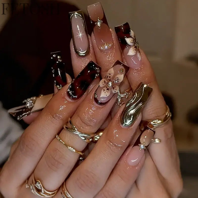 24Pcs 3D Long Ballet False Nails White Coffin Wave with French Design Wearable Fake Nails Gold Line Full Cover Press on Nails