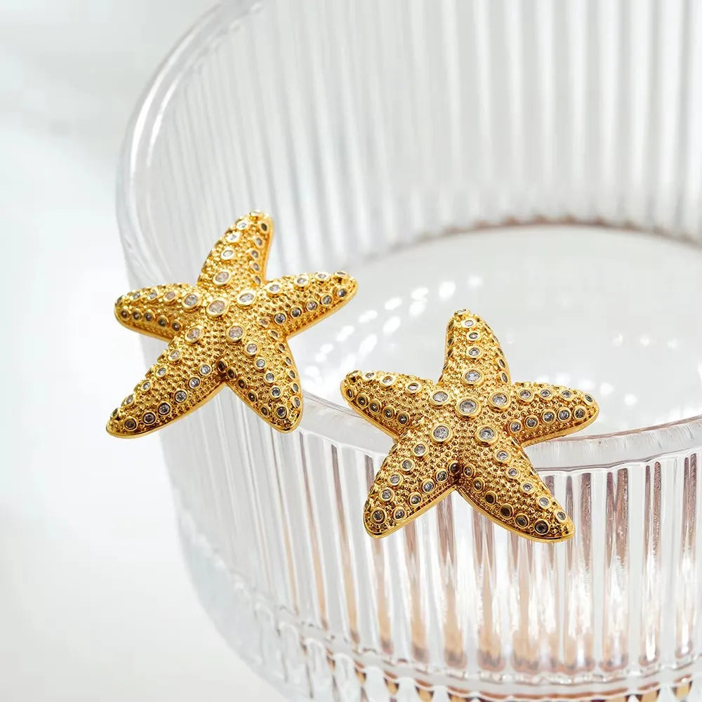 Punk Gold Plated Texture Stainless Steel Snail Conch Shell Earrings for Women Zircon Starfish Earring Summer Beach Jewelry Gifts