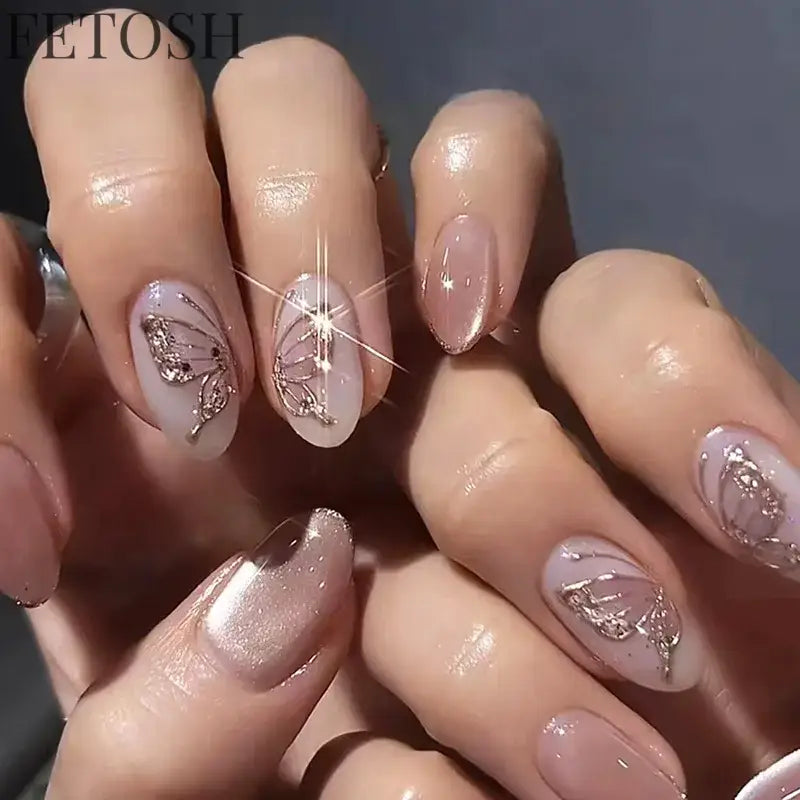 24Pcs Simple Green French False Nails Short Almond Fake Nails with Wave Line Design Wearable Round Head Press on Nail Tips