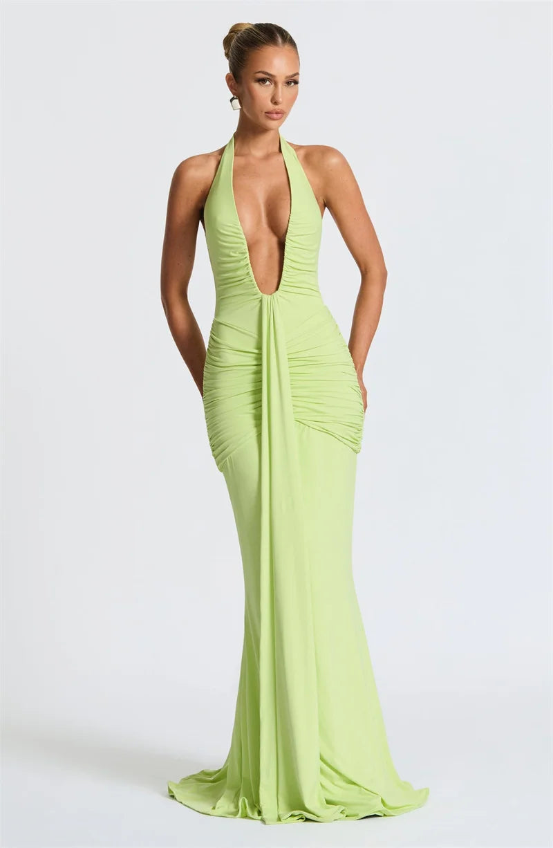 Mozision Deep V Neck Backless Ruched Sexy Maxi Dress Women Gown Summer Halter Sleeveless Draped Club Party Long Dress 2025