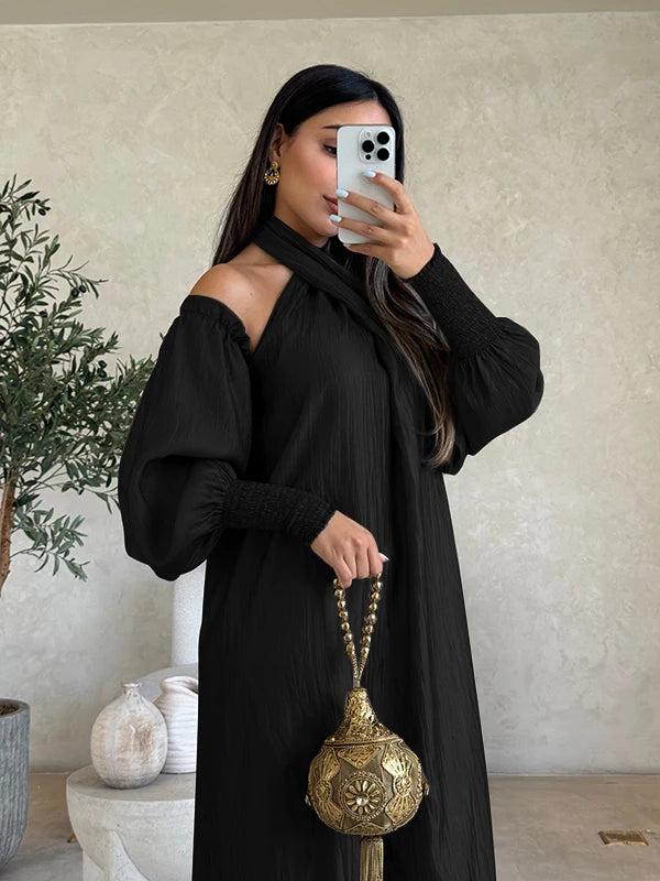 Modigirl American Retro Halter-neck Loose Dress Cold Shoulder Puff Sleeves H-line Maxi Dress 2025 New Elegant Evening Dresses