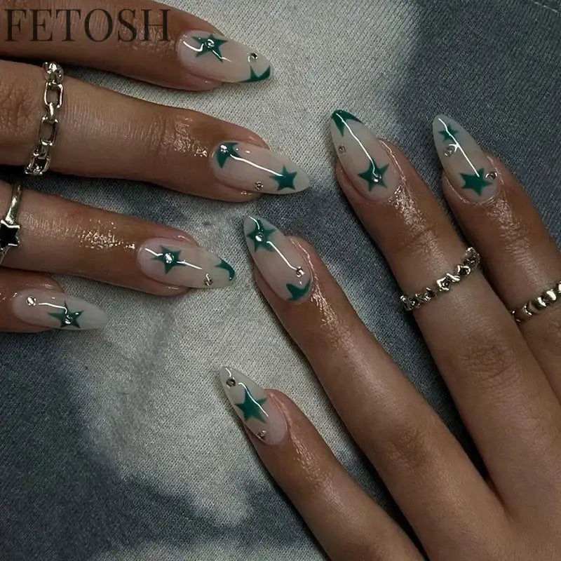 24Pcs Simple Green French False Nails Short Almond Fake Nails with Wave Line Design Wearable Round Head Press on Nail Tips