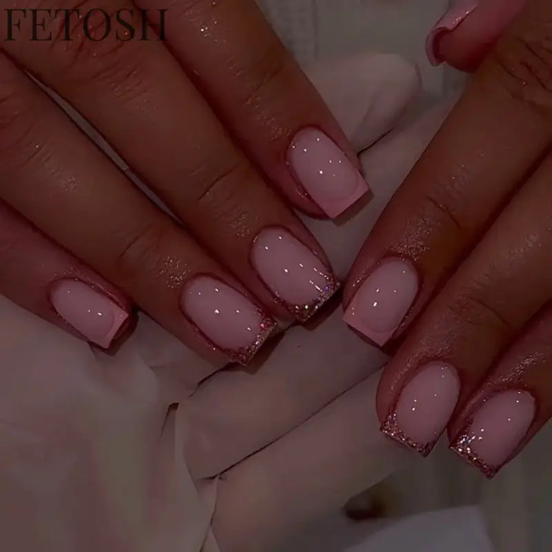 24Pcs Glossy Square Fake Nails Set Gold Powder Full Cover French False Nails Glitter Vintage Press on Acrylic Nail Manicure Tips