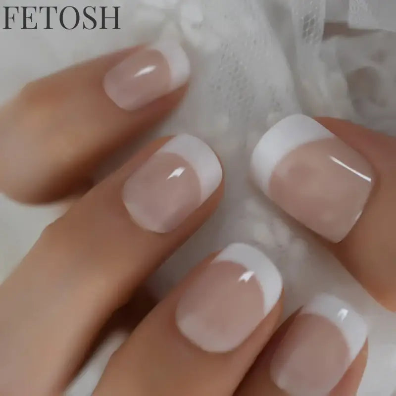 Classical Normal Size French Nail Nude White Tip Glossy Press On Fingernals for daily with glue sticker 24