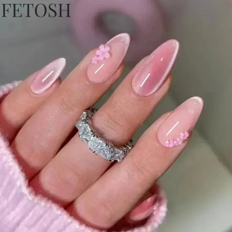 24pcs/Box Long Coffin False Nails Art Rose with Glue Wearable Nude Pink White Color Jelly Nails Tips Full Cover Press on Nails