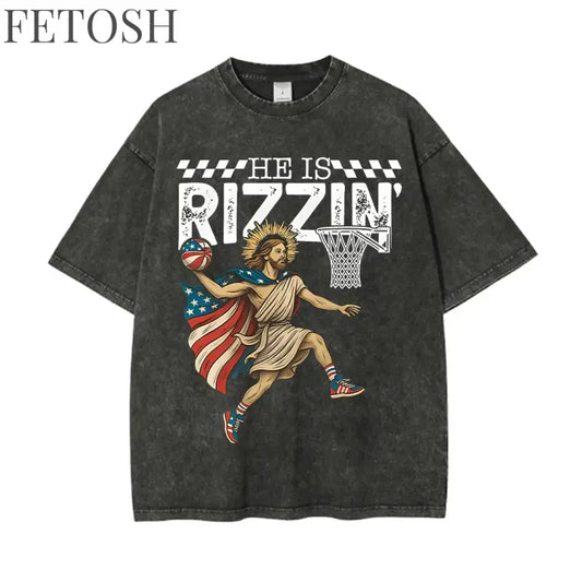 He Is Rizzen Christian Washed T-Shirt Crewneck Short Sleeve Oversize T Shirts Vintage Men Women Streetwear Summer Tees