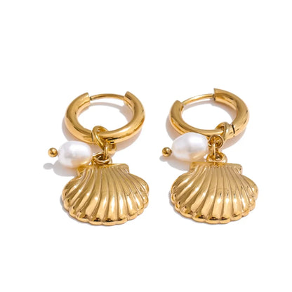 Yhpup Ocean Style Natural Pearl Conch Shell Starfish Drop Summer Hoop Earrings for Women Stainless Steel Holiday Daily Jewelry