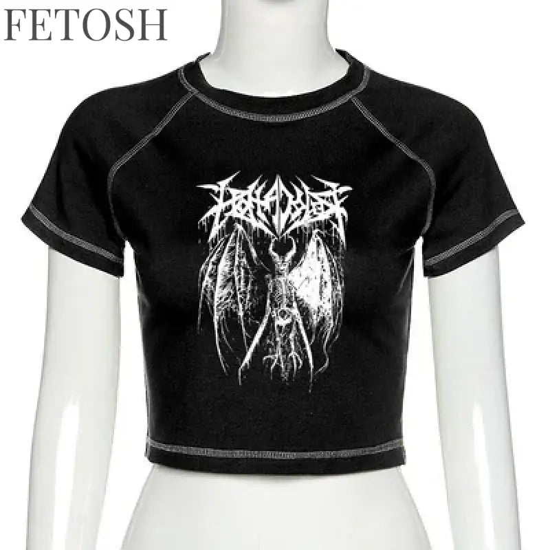 Women’s T-shirt Harajuku crop Top Harajuku Retro Korean Black Demon Punk Gothic Anime Print Clothes Slim anime