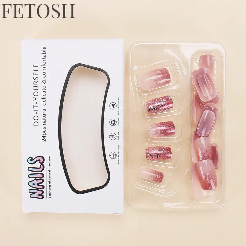24Pcs Medium Short Square False Nails Glittering Nail Art White Wearable Fake Nail Silver French Full Cover Press on Nail Tips