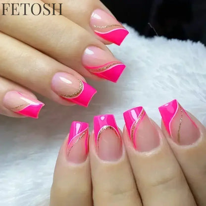 24Pcs Medium Short Square False Nails Glittering Nail Art White Wearable Fake Nail Silver French Full Cover Press on Nail Tips