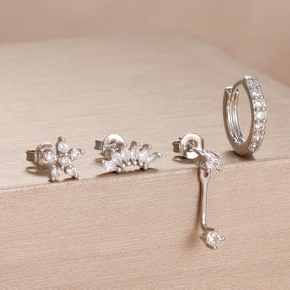 4PCS Stainless Steel Circle Huggie Hoop Earrings Set for Women Gold Color Unique Zircon Flower Stud Earring Piercing Jewelry