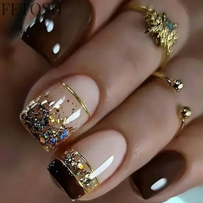 24Pcs Blue False Nails Gradient with French Design Wearable Fake Nails Gradient Short Coffin Full Cover Press on Nail Tips Art