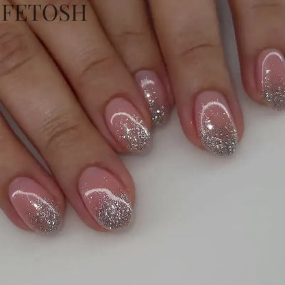 24Pcs Shiny Pearl Wearable False Nails Short Square Fake Nail Simple Summer Press on Nails Detachable Full Cover Nail Tips
