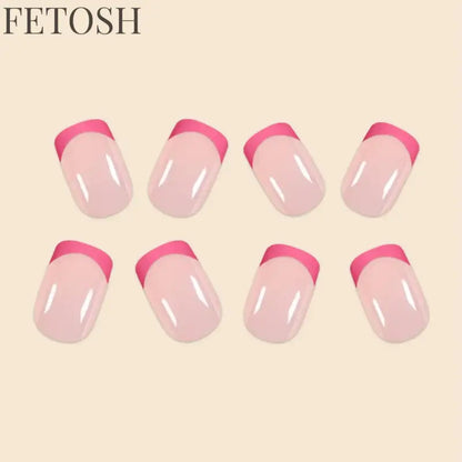 24Pcs/Set Women Girls Short French Light Blue Pink Dual Color Glossy Surface Full Coverage Wearable Fake Nail Press on Nail Art