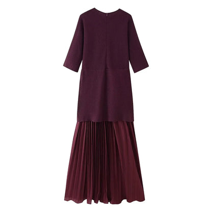 TRAFZA Women Elegant Half Sleeves O-Collar Pleated Dress Spring Woman Rear Zipper Splicing Vintage Casual Knitted Long Dress