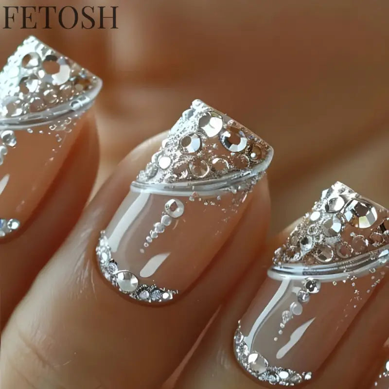 24Pcs Glossy Square Fake Nails Set Gold Powder Full Cover French False Nails Glitter Vintage Press on Acrylic Nail Manicure Tips