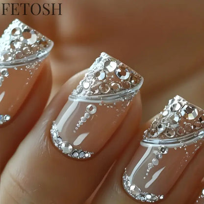 24Pcs Glossy Square Fake Nails Set Gold Powder Full Cover French False Nails Glitter Vintage Press on Acrylic Nail Manicure Tips