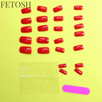 ARTAUG 24PCS Short Square Red Solid Full Cover Full Cover Fake Nail Set Cheap Nails Summer Nails Delicate Nails