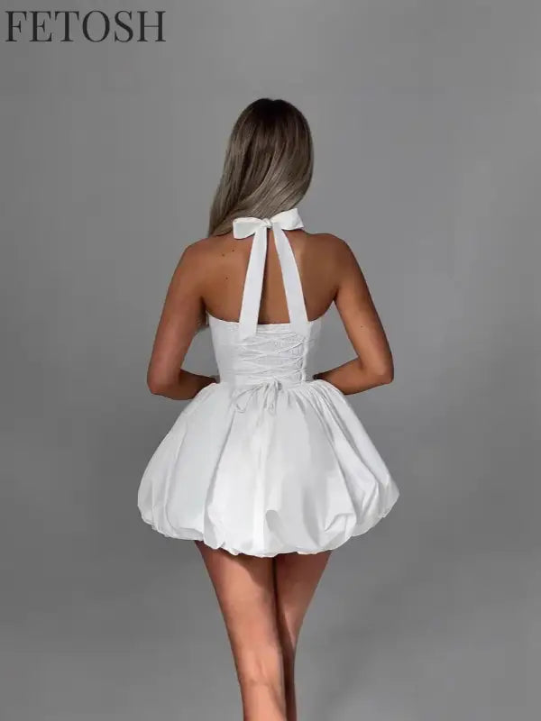 Polka Dot Halter Strapless Dress Women Elegant Sleeveless Backless Waist Cinching Ball Gown Fashion Chic Ladies Evening