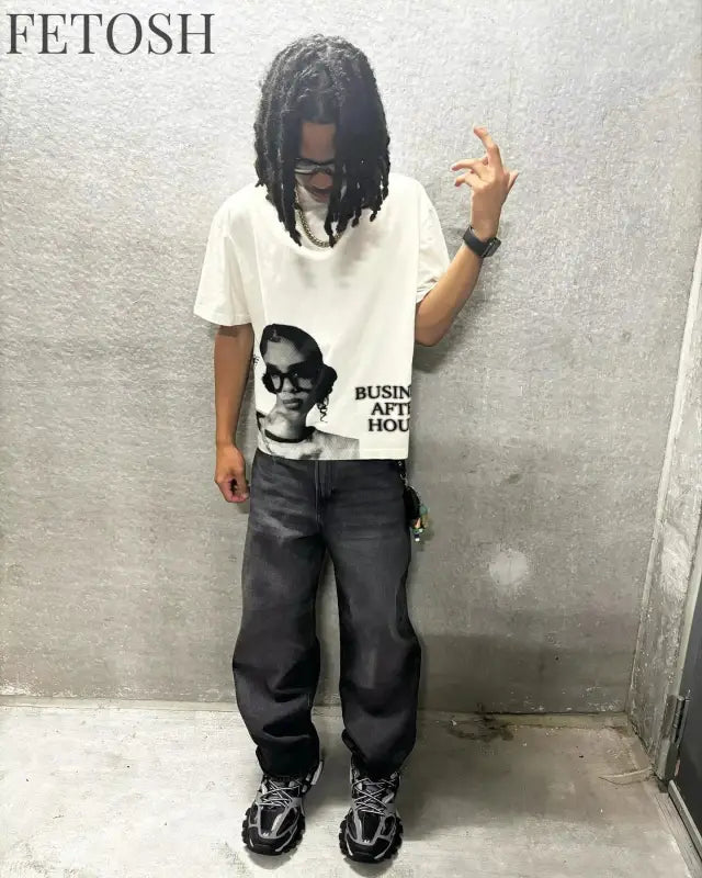 Europe and America Hip Hop character Printed Oversized T-Shirt Mens and Womens Retro Tshirt Street Casual Y2k Short Sleeved Tops