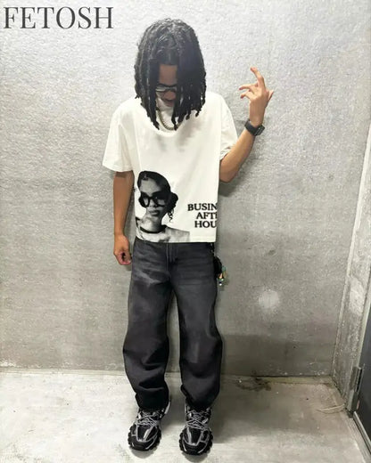 Europe and America Hip Hop character Printed Oversized T-Shirt Mens and Womens Retro Tshirt Street Casual Y2k Short Sleeved Tops
