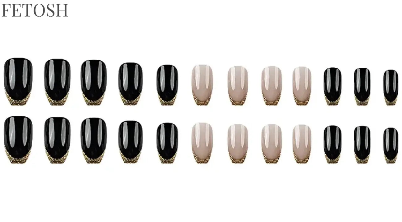 24Pcs Glossy Square Fake Nails Set Gold Powder Full Cover French False Nails Glitter Vintage Press on Acrylic Nail