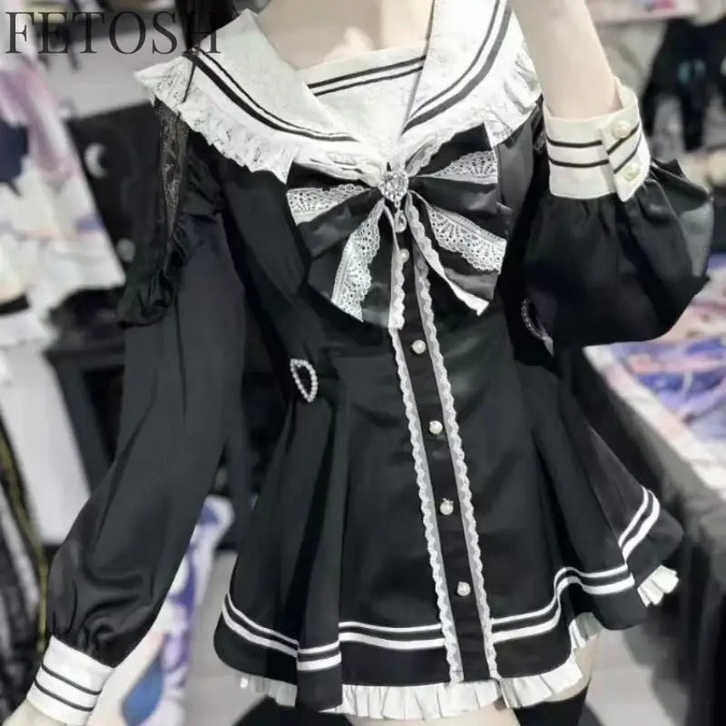 Japanese Style Gothic Y2k Lolita Bow Dress Shorts Set Women Vintage Sweet Long Sleeve Button Shirt Party Dresses Slim