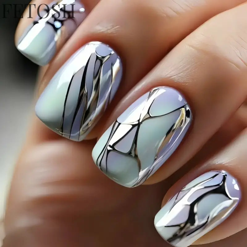 24Pcs Dark Blue Glossy Press on Nails Square False Nail with Glue Color Blending Acrylic Fake Nails Wearable Full Cover Nail Tip