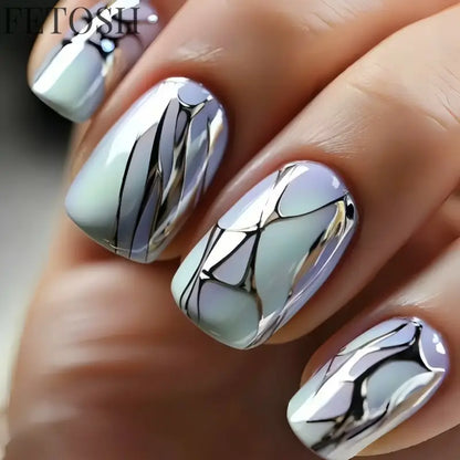 24Pcs Dark Blue Glossy Press on Nails Square False Nail with Glue Color Blending Acrylic Fake Nails Wearable Full Cover Nail Tip