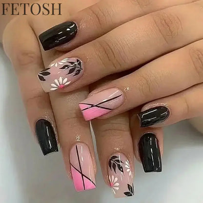 24Pcs Simple Square False Nails Short French Fake Nails Press on Colorful Flowers Design Full Cover Nail Tips Manicure Tools