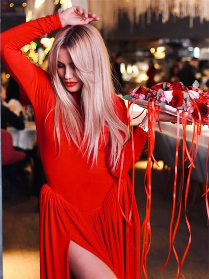 Tossy Backless Pleated Skinny Mini Dress Fashion Long Sleeve High Waist Patchwork Solid Elegant Party Dress Women Bandage Dress