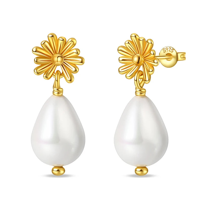Women's 925 Sterling Silver Classic Gold Pearl Inlaid Earrings Elegant Suitable For Engagement Wedding Party Exquisite Jewelry
