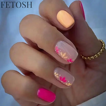 24Pcs Simple Square False Nails Short French Fake Nails Press on Colorful Flowers Design Full Cover Nail Tips Manicure Tools