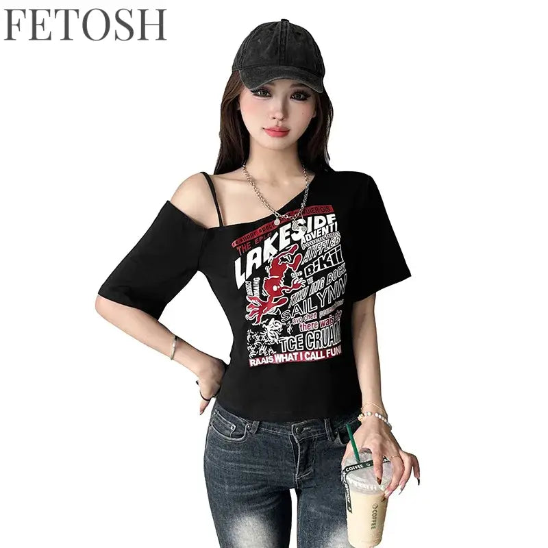 Gothic Tee Y2k Letter Print Off Shoulder Punk T-shirts Women Harajuku Summer Streetwear Grunge T Shirt Aesthetic Sexy
