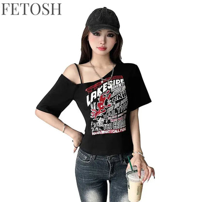 Gothic Tee Y2k Letter Print Off Shoulder Punk T-shirts Women Harajuku Summer Streetwear Grunge T Shirt Aesthetic Sexy Crop Tops