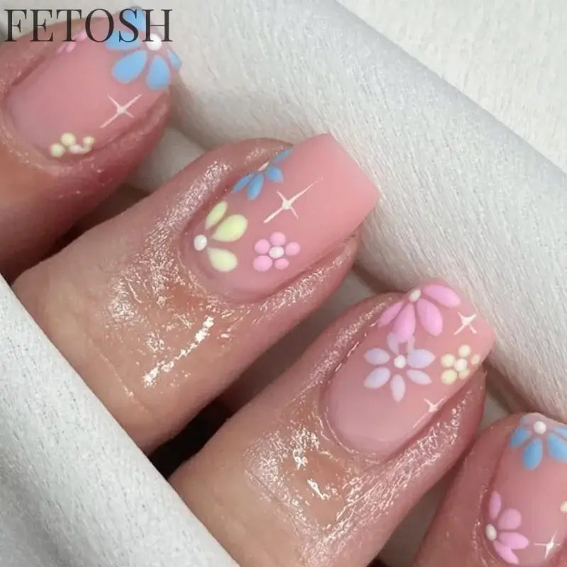 24Pcs Simple Square False Nails Short French Fake Nails Press on Colorful Flowers Design Full Cover Nail Tips Manicure
