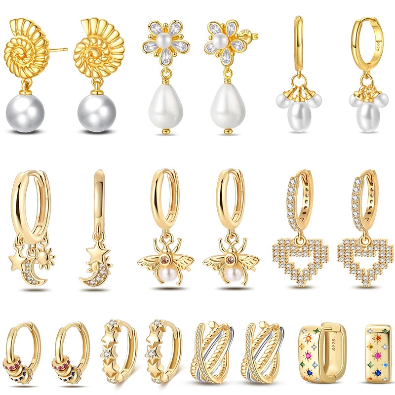 Women's 925 Sterling Silver Classic Gold Pearl Inlaid Earrings Elegant Suitable For Engagement Wedding Party Exquisite Jewelry
