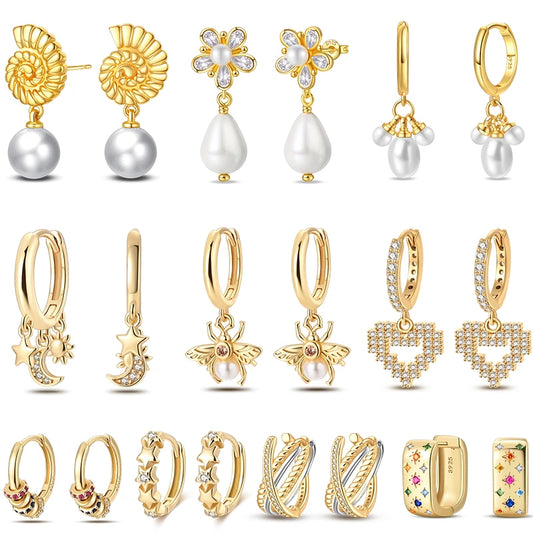 Women's 925 Sterling Silver Classic Gold Pearl Inlaid Earrings Elegant Suitable For Engagement Wedding Party Exquisite Jewelry