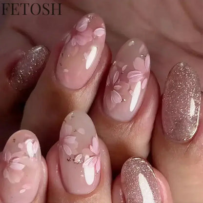 24pcs/Box Long Coffin False Nails Art Rose with Glue Wearable Nude Pink White Color Jelly Nails Tips Full Cover Press on Nails