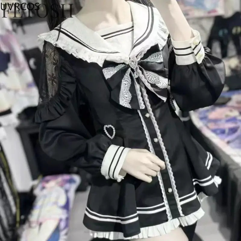 Japanese Style Gothic Y2k Lolita Bow Dress Shorts Set Women Vintage Sweet Long Sleeve Button Shirt Party Dresses Slim