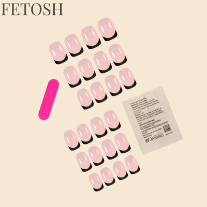 24Pcs/Set Women Girls Short French Light Blue Pink Dual Color Glossy Surface Full Coverage Wearable Fake Nail Press on Nail Art
