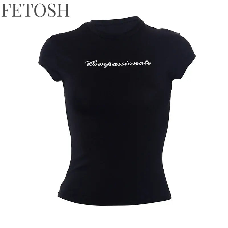 Y2k Streetwear Crop Tops Letter Print Black Tees Short Sleeve Graphics T Shirt Womens 2023