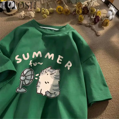 Korean Version Retro Minimalist Printed Summer T-shirt Casual Loose Couple Thin Short Sleeves