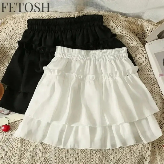 Summer Kawaii White Ruflles Skirt Women Fashion Slim Fit Chiffon Mini Skirts Giris Y2k All Match Elastic High Waist Black Faldas
