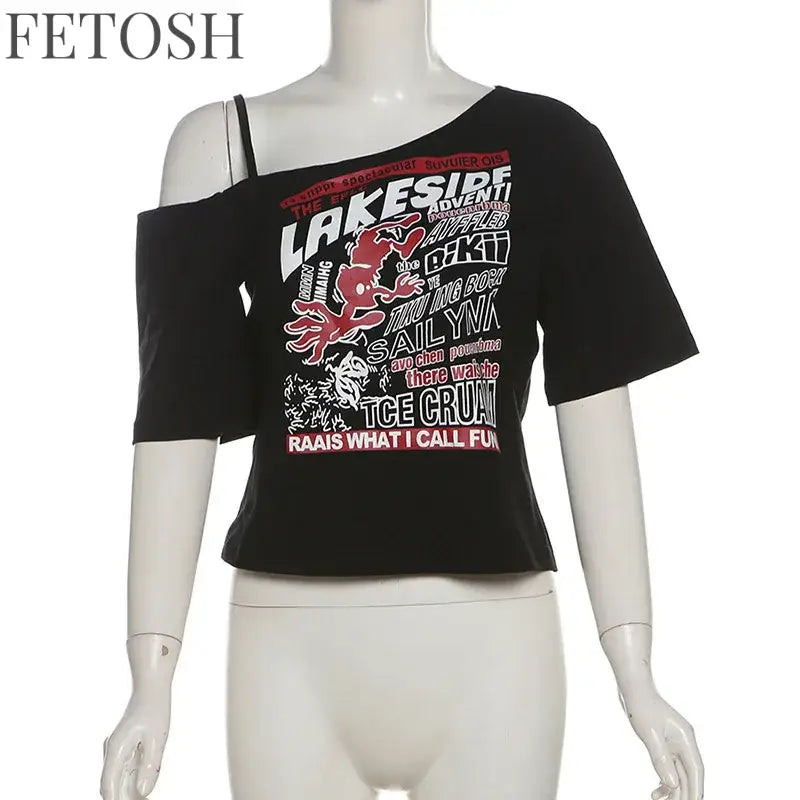 Gothic Tee Y2k Letter Print Off Shoulder Punk T-shirts Women Harajuku Summer Streetwear Grunge T Shirt Aesthetic Sexy