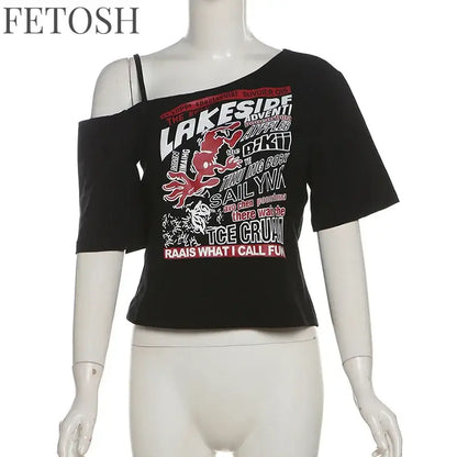 Gothic Tee Y2k Letter Print Off Shoulder Punk T-shirts Women Harajuku Summer Streetwear Grunge T Shirt Aesthetic Sexy Crop Tops