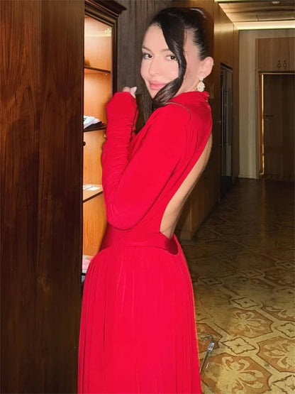 Tossy Backless Pleated Skinny Mini Dress Fashion Long Sleeve High Waist Patchwork Solid Elegant Party Dress Women Bandage Dress