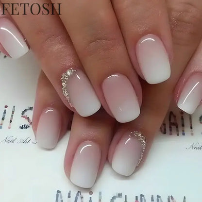 24Pcs Gradient White Fake Nail Short Square Ballet Simple False Nails Press on Wearable Nude Nails Art Full Cover Manicure Tips