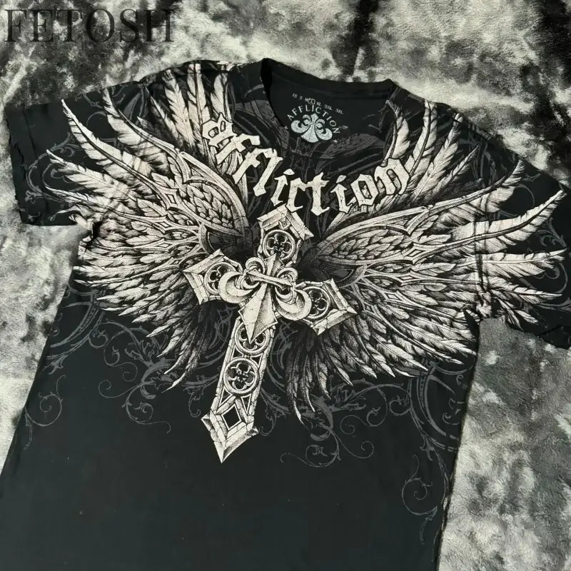 Y2K Affliction T Shirt Vintage Clothing Punk Hip Hop Graphic Print Oversized T shirt Women Round Neck Cotton Short