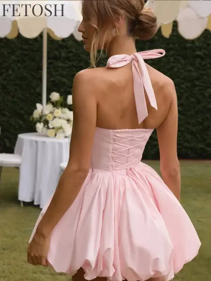 Sexy Lace-up Backless Pleated Halter Mini Dress Women Fashion Off Shoulder Puff Hem A-line Dresses 2025 Summer Lady Partywear